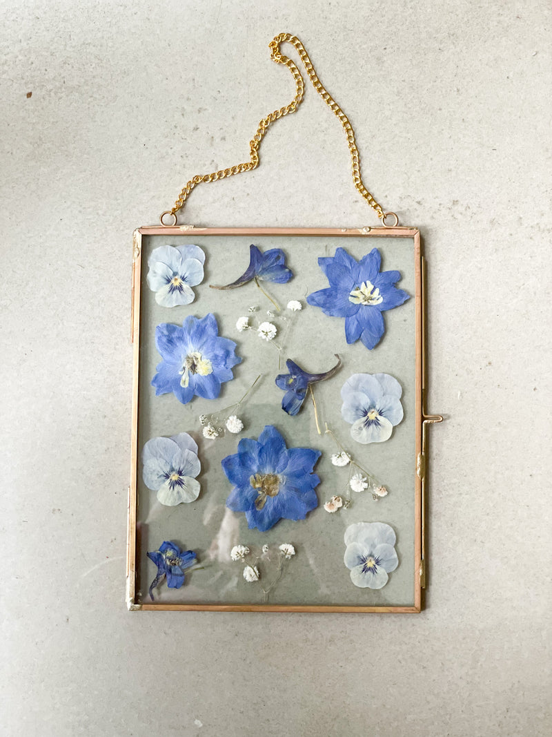 Marco de flores prensadas azul y blanco