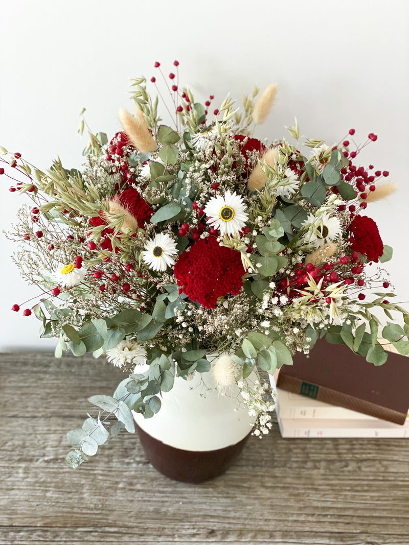 ramo flores secas rojo y blanco